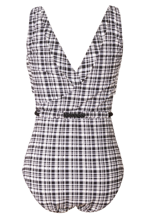 Yasmin Belted Wrap-effect Checked Seersucker Swimsuit In Black/White Plaid| new with tags (est. retail $405)