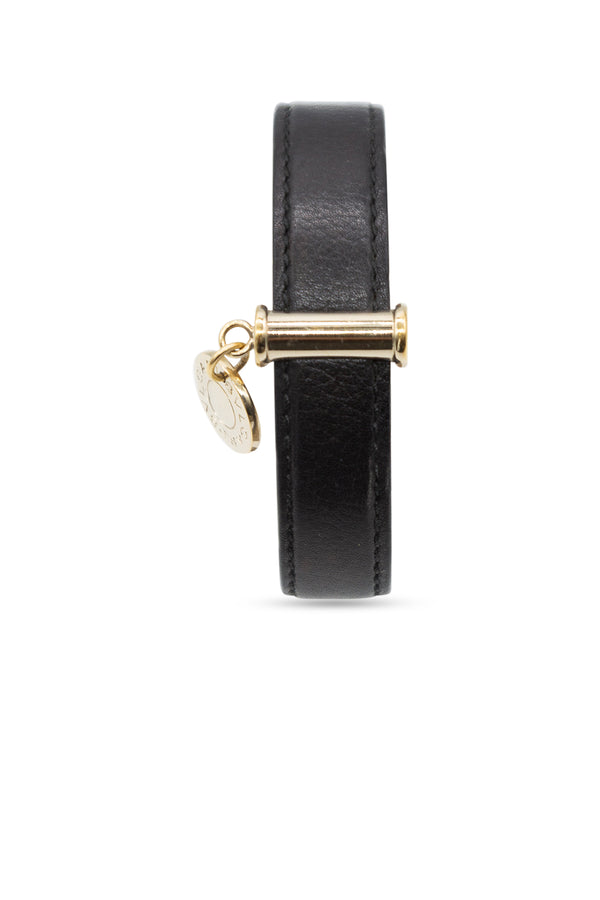 Black Leather Logo Charm Open Cuff Bracelet