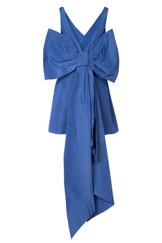 V-Neck Mini Silk Dress with Back Bow in Blue | (est. retail $2,324)