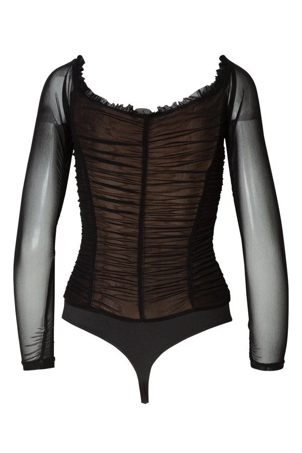 Cleo Lace Up Ruched Black Bodysuit