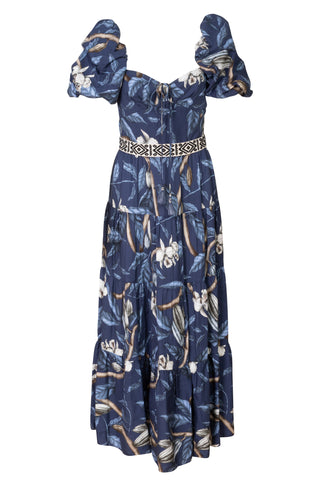 Botanical Heritage Tiered Floral Print Dress In Navy | (est. retail $1,350)