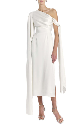 Dali Off White One Shouldered Draped Midi Dress With Shoulder Ties DRESS Markarian   