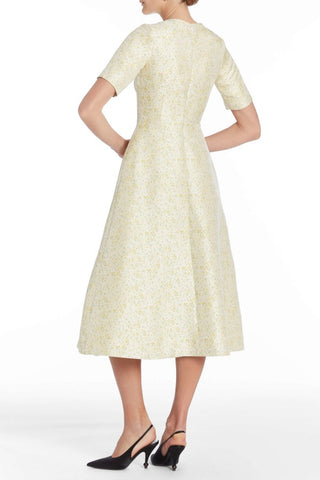 Mae Yellow Daisy Brocade Short Sleeve Midi Dress DRESS Markarian   