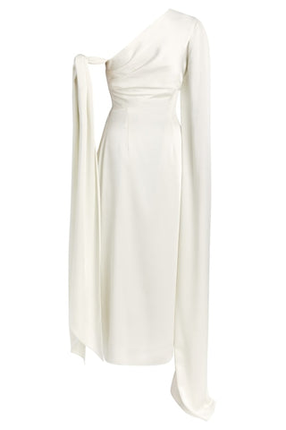 Dali Off White One Shouldered Draped Midi Dress With Shoulder Ties DRESS Markarian   