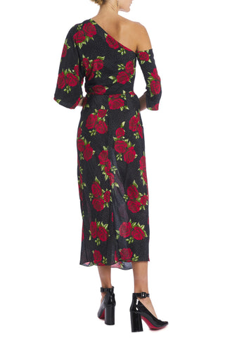 Bijou Rose Dot Print Asymmetric Draped Off The Shoulder Midi Dress DRESS Markarian   