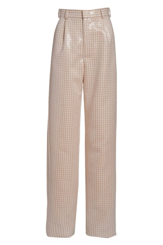 Lily Sequined Beige Gingham Wide-Leg Trousers