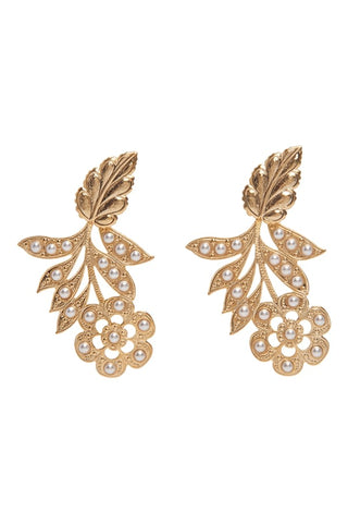 Isabetta Gold Pearl Detail Floral And Feather Earrings