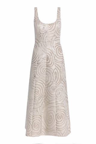 Judith Metallic Swirl Brocade Paneled Corset A-Line Dress