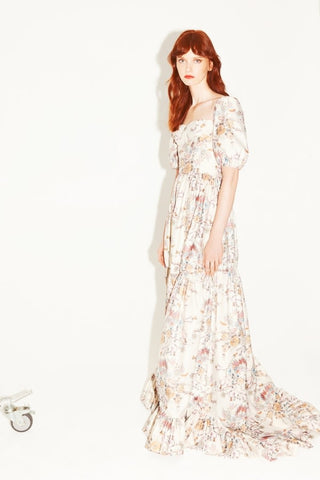 Maddalena Pleated White Floral-Brocade Maxi Gown
