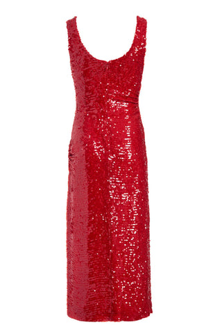 Deanna Red Sequin Dress With Ruched Waist And Front Slit